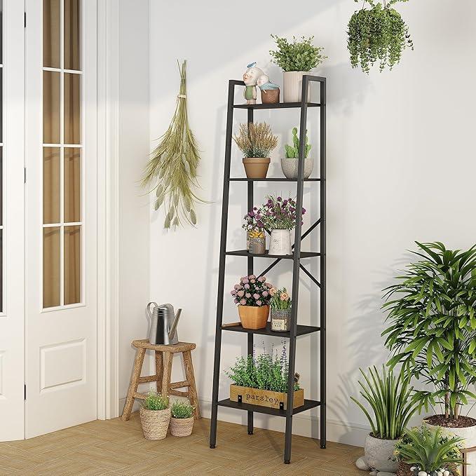 Hoctieon 5-Tier Industrial Ladder Bookshelf, Narrow Ladder Shelf, Tall Standing Bookshelf, Skinny Open Ladder Shelf, for Living Room, Home Office, Kitchen, Bedroom, Metal Frame, Black - ModernBath