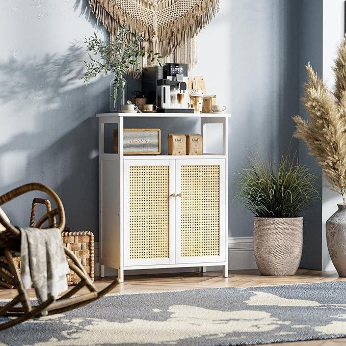 HITNET Bamboo Cabinet, Rattan Storage Cabinet with Doors, Freestanding Floor Cupboard for Bathroom, Living Room, Hallway, White - ModernBath