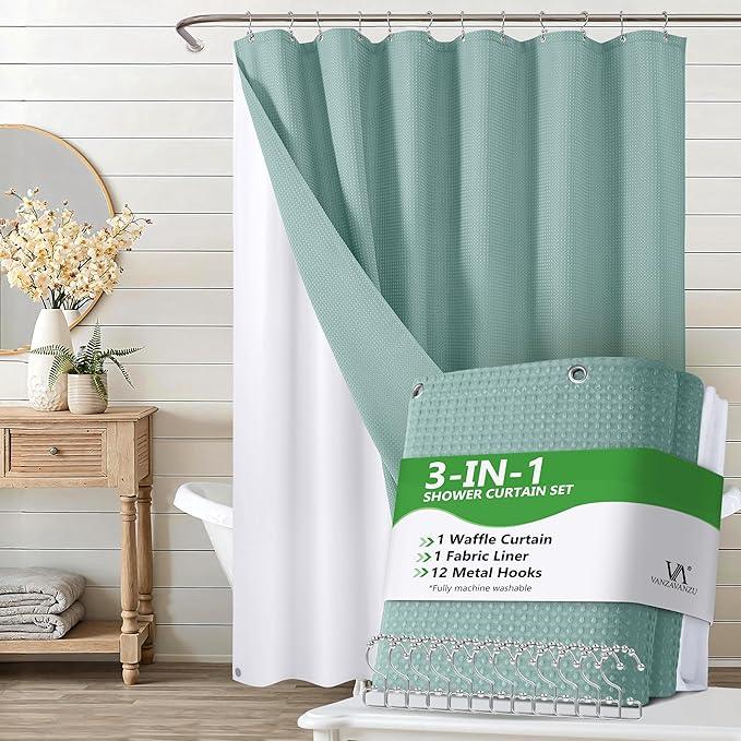 Luxury 3 in 1 Shower Curtain Set 3D Textured Waffle Weave Bathroom Curtain with Waterproof SGS Certified Fabric Liner & 12 Anti-Fall Stainless Steel Hooks, Machine Washable 72"x72" (Turquoise) - ModernBath