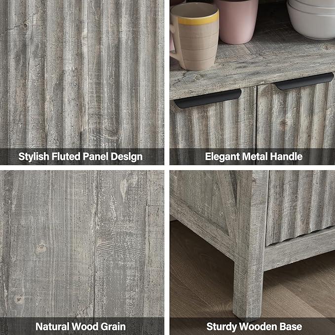 Buffet Cabinet with Storage - Modern Farmhouse Rustic 32 Fluted Sideboard Storage Cabinet Buffet with Adjustable Shelves, Coffee Wine Bar Organizer for Dining Room (Grey) - ModernBath