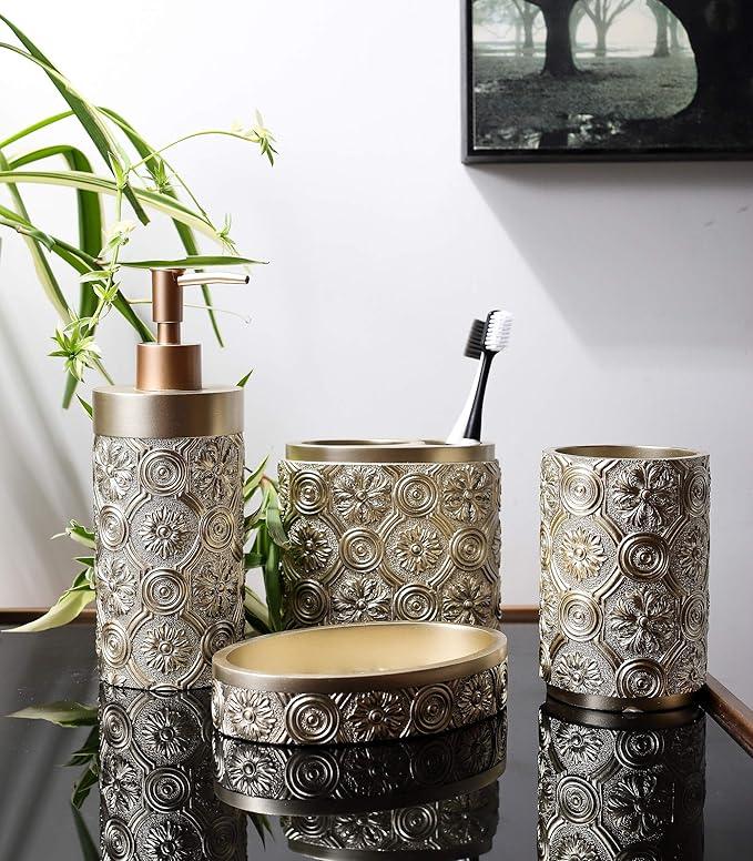 Hymmah Bathroom Accessories Set,Golden Design Toothbrush Holder,Farmhouse Bathroom Decor,4 Pcs Resin Gift Set Apartment Necessities, Contain Toothbrush Cup,Soap Dispenser,Soap Dish,Tumbler - ModernBath