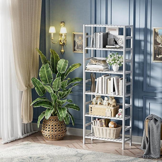 HITNET Bookshelf, 6-Tier Tall Bookcase Freestanding Bamboo Book Shelf Bathroom Storage Organizer with Adjustable Shelves, White - ModernBath