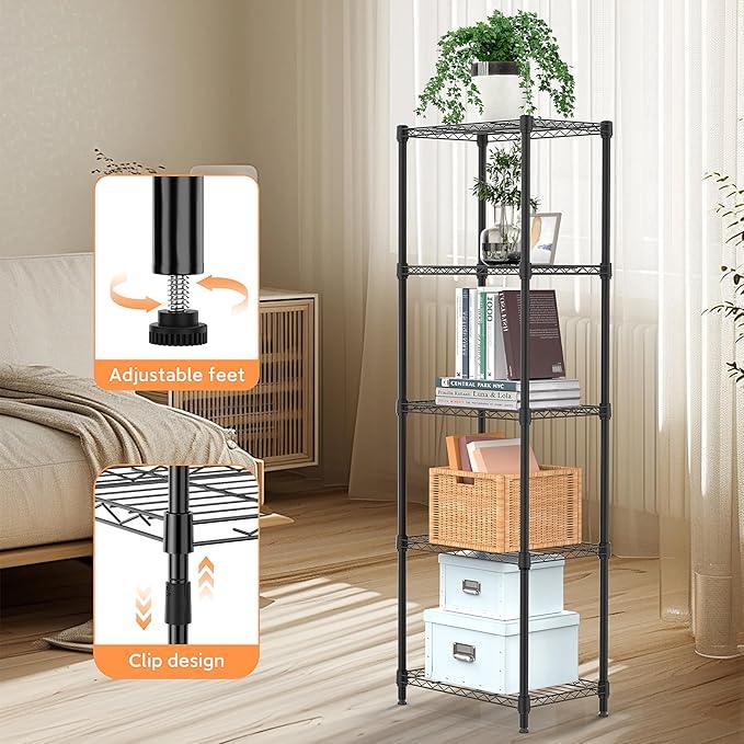5 Tiers Shelf Metal Storage Shelves Wire Rack Closet Organizers with Wheel for Garage Kitchen Bathroom Laundry Black 11.8" D x 17.7" W x 55" H - ModernBath