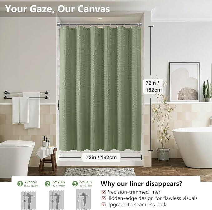 VANZAVANZU Luxury 3 in 1 Shower Curtain Set 3D Textured Waffle Weave Bathroom Curtain with Waterproof SGS Certified Fabric Liner & 12 Anti-Fall Stainless Steel Hooks, Machine Washable 72"x72" (Green) - ModernBath
