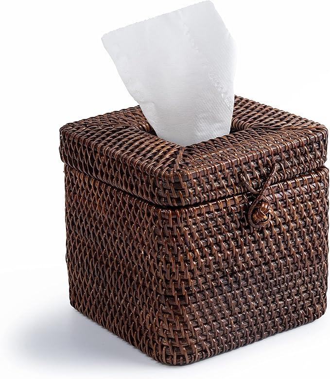 Rattan Square Tissue Box Cover- 5.7" x 5.7" x 5"-Decorative Woven Facial Tissue Holder with Hinged Top Lid- Facial Box for Home, Office,Bathrooms, Decoration (Coffee) - ModernBath