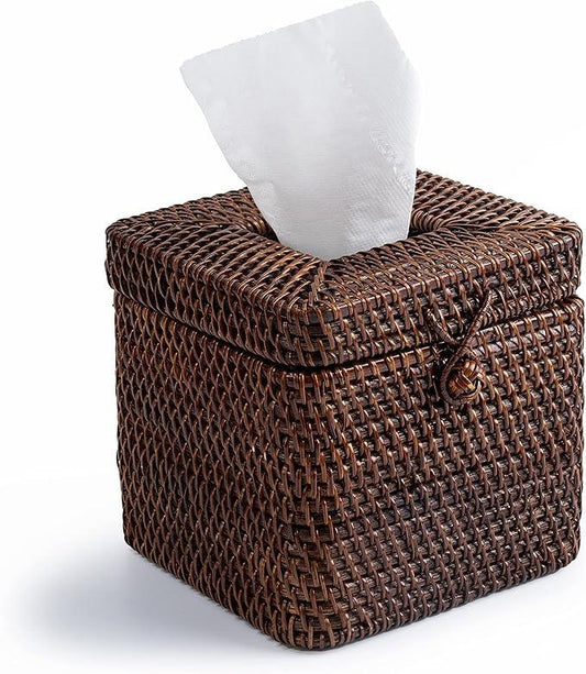 Rattan Square Tissue Box Cover- 5.7" x 5.7" x 5"-Decorative Woven Facial Tissue Holder with Hinged Top Lid- Facial Box for Home, Office,Bathrooms, Decoration (Coffee) - ModernBath