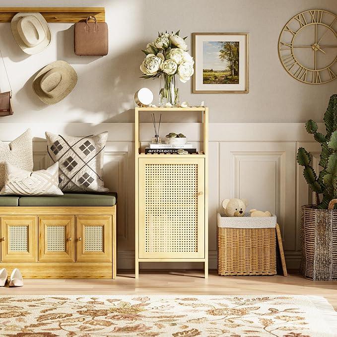 HITNET Rattan Bathroom Storage Cabinet, Small Bamboo Floor Cupboard with Door, Freestanding Narrow Side Organizer for Living Room, Kitchen, Entryway, Natural - ModernBath