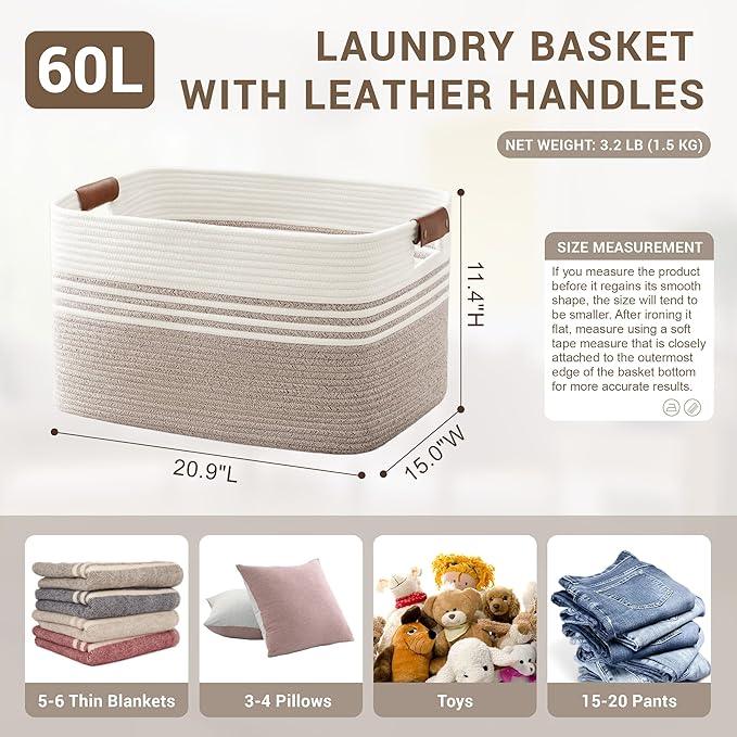 60L Large Laundry Basket with Leather Handles for Living Room Storage, Woven Rope Baskets Bin for Blanket, Kids Toy, Gifts, Wicker Hamper for Bedroom Dirty Clothes, White Brown - ModernBath