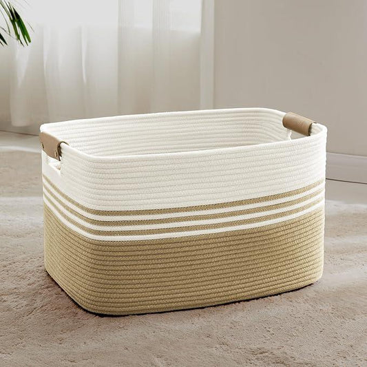 72L Large Laundry Basket with Leather Handles for Living Room Storage, Woven Rope Baskets Bin for Blanket, Kids Toy, Gifts, Wicker Hamper for Bedroom Dirty Clothes, 22"x17"x12" Khaki - ModernBath