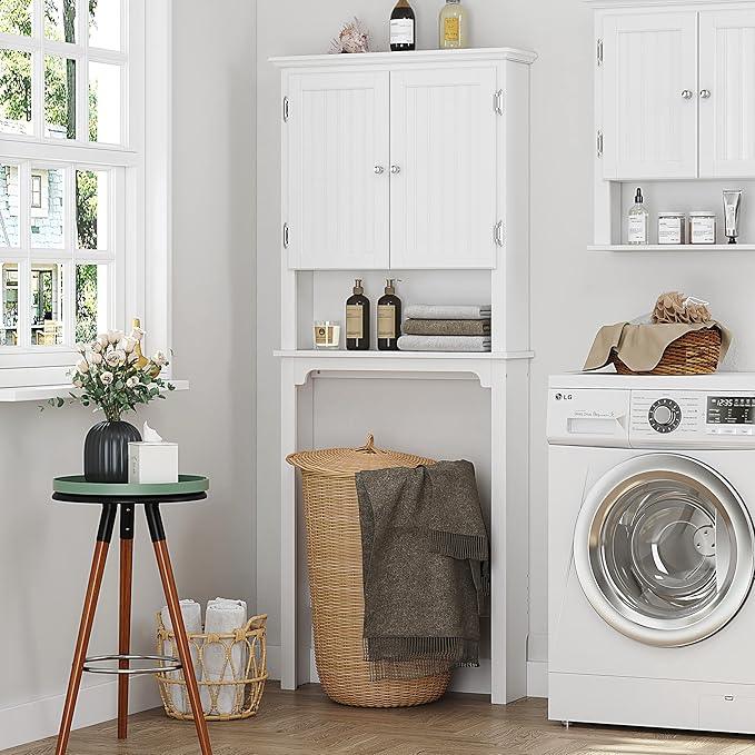 UTEX Over The Toilet Storage Cabinet, Over Toilet Bathroom Organizer with Adjustable Shelves and Double Doors, White - ModernBath