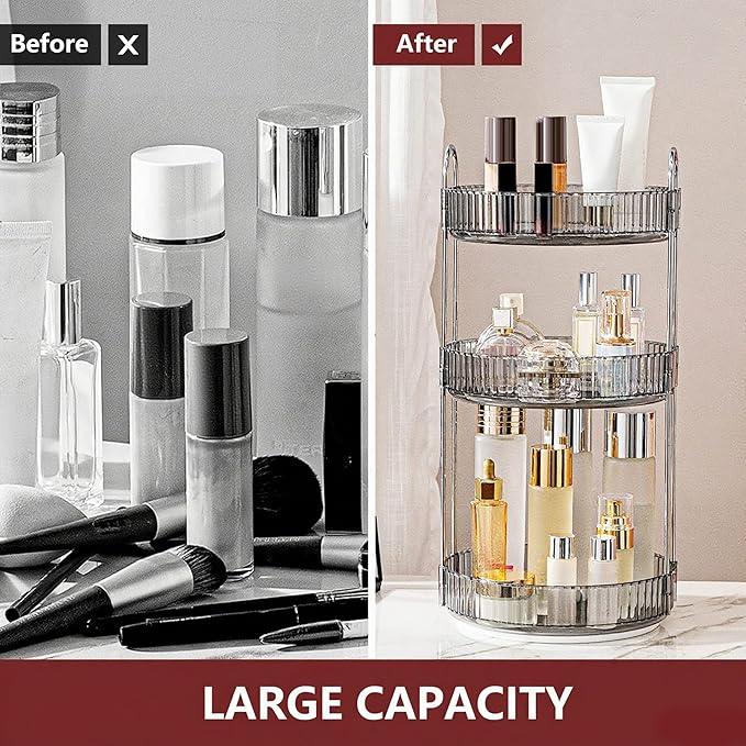INVSSENE 360° Rotating Makeup Organizer, Bathroom Make Up Spinning Holder Rack, Large Capacity Cosmetics Storage Vanity Shelf Countertop, Fits Cosmetics, Perfume, Skincare, Lipsticks(3 Tiers, Gray) - ModernBath