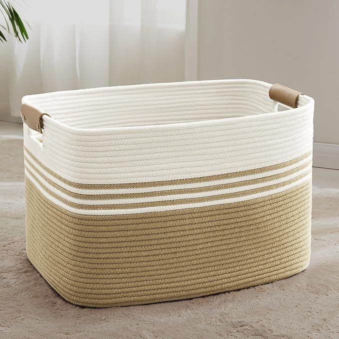 86L Extra Large Laundry Basket with Leather Handles for Living Room Storage, Woven Rope Baskets for Blanket, Kids Toy, Gifts, Wicker Hamper for Bedroom Dirty Clothes, 24"x16"x14" Khaki - ModernBath