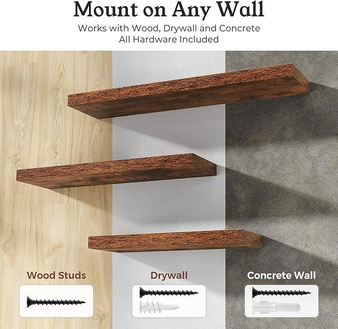 Floating Shelves for Wall, Wall Mounted Rustic Wood Shelves for Bathroom, Bedroom, Living Room, Kitchen, Hanging Shelf for Books/Storage/Room Decor (Brown, 16") - ModernBath