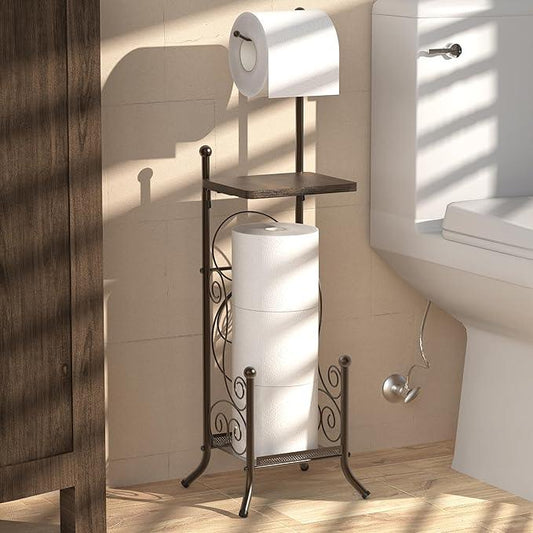 Simple Houseware English Style Bathroom Toilet Tissue Roll Holder Stand with Shelf, Bronze - ModernBath