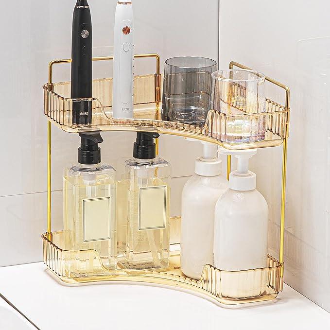 Weidace Corner Bathroom Counter Organizer Bathroom Countertop Shelf Makeup Organizer for Vanity Perfume Tray for Corner Storage (2 Tiers, Gold) - ModernBath
