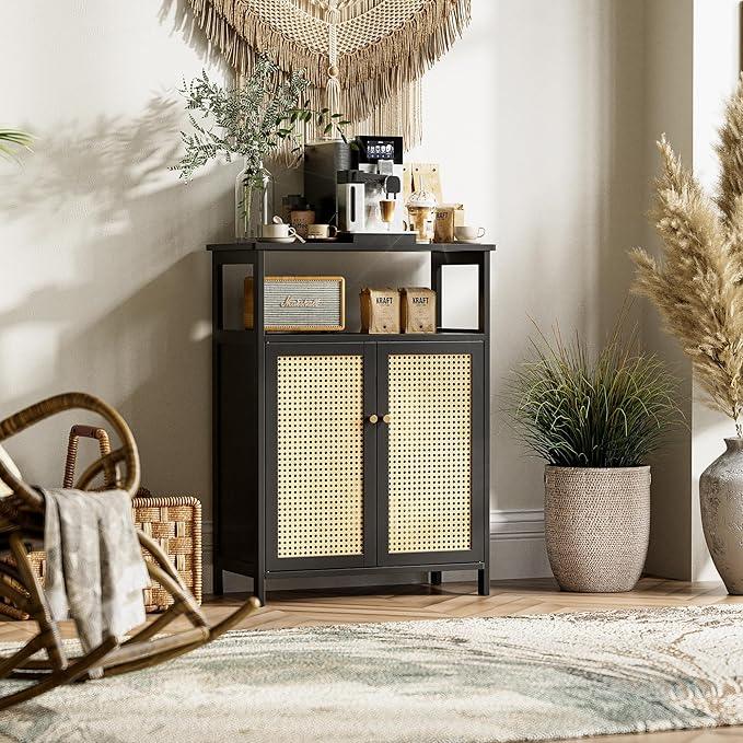 HITNET Bamboo Floor Cabinet, Bathroom Storage Cabinet with 2 Rattan Doors and Shelves, Space Saving Freestanding Kitchen Cupboard, Black - ModernBath