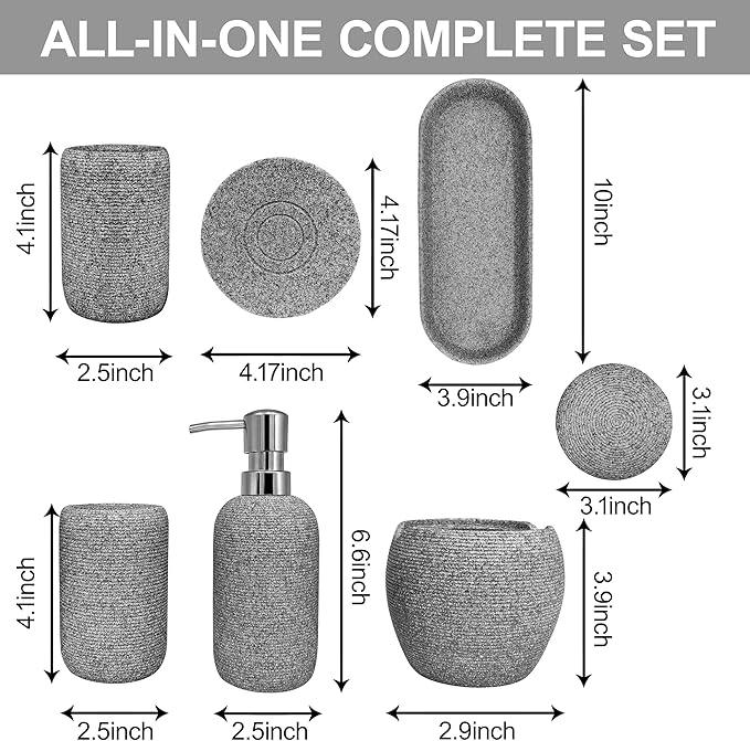 Bathroom Accessory Set, 6PCS Gray Bathroom Accessories - Soap Dish, Lotion Dispenser, Toothbrush Holder, Mouthwash Cup, Tray, Cotton Ball Jar, Aesthetic Decor Bathroom Sets - ModernBath