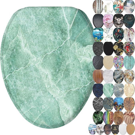 SANILO Wooden Toilet Seat with Soft Close [ELONGATED] - Decorative, Quiet & Slow Close Molded Wood Seat - With Strong Bumpers & Hinges - Adjustable Fit - Marble Green - ModernBath