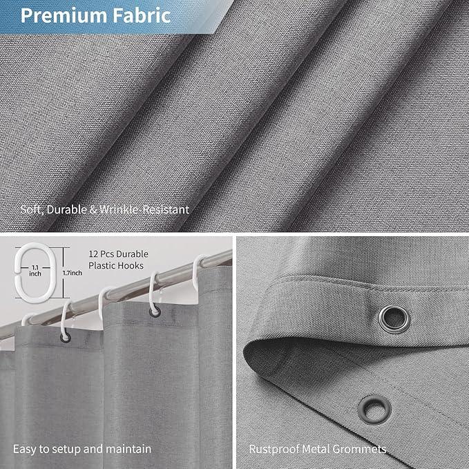THAIGEE 2-in-1 Waterproof Long Fabric Shower Curtain or Liner,Linen Textured,78 Inch Breathable TPU & Washable Bathroom Shower Curtain Set with 12 Plastic Hooks,Modern,72"x78" Grey - ModernBath