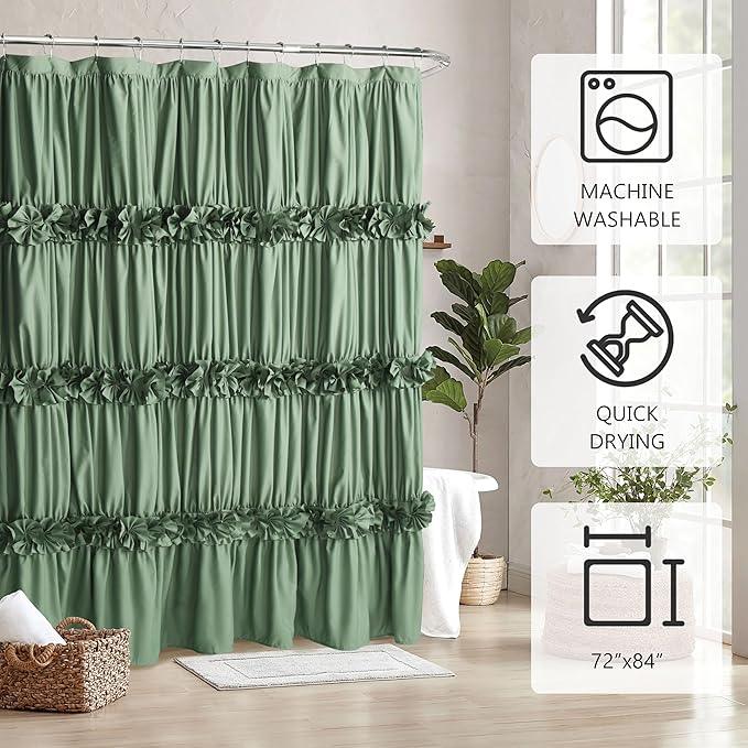 Homechoice Decor Light Green Ruffle Shower Curtain 72“ W x 84” H, Vintage Handcrafted Bow Tie Bath Curtain for Master Bathroom, Ruched Microfiber Bathroom Curtain with 12 Buttonholes (LQ-10) - ModernBath