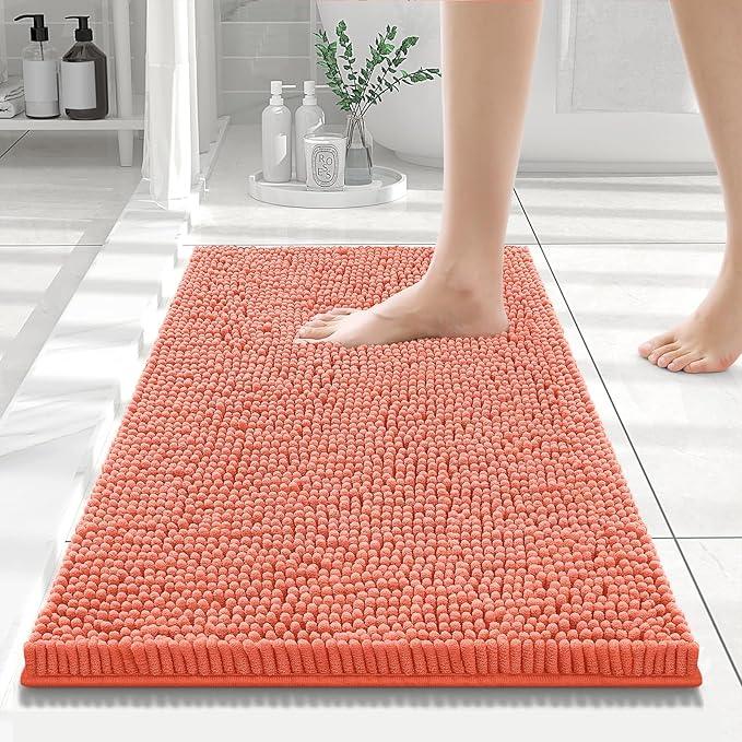 Smiry Luxury Chenille Bathroom Rugs 24x16, Extra Soft and Absorbent Shaggy Bath Mat, Machine Washable, Non-Slip Plush Carpet Runner for Tub, Shower, and Floor, Home Decor Accessories, Coral - ModernBath