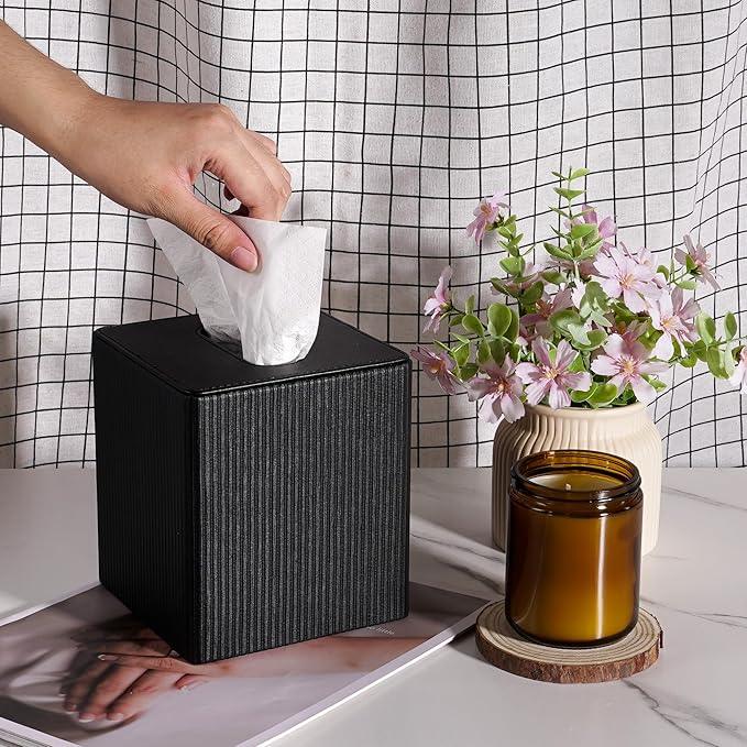 DODAMOUR Vertical Stripe Tissue Box Cover Cube – Ribbed PU Leather Square Holder, Magnetic Bottom Napkin Dispenser for Modern Office, Car, Desk (Black) - ModernBath