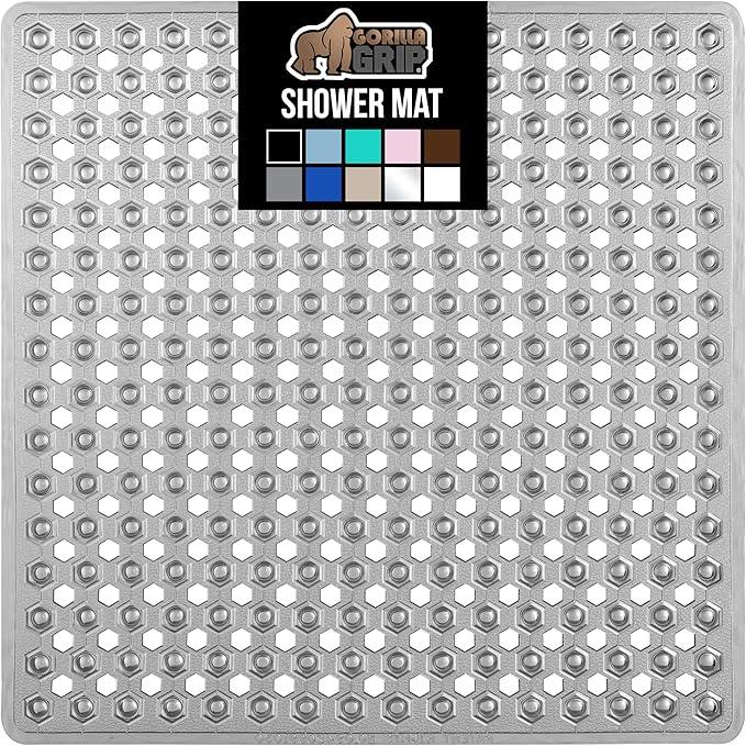 GORILLA GRIP Patented Square Shower Stall Mat, Small Bathtub Floor Mats for Stand Up Showers with Suction Cups and Drainage Holes, Machine Washable, Soft on Feet, Bathroom Accessories 21x21 Inch, Gray - ModernBath