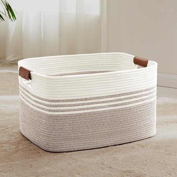 72L Large Laundry Basket with Leather Handles for Living Room Storage, Woven Rope Baskets Bin for Blanket, Kids Toy, Gifts, Wicker Hamper for Bedroom Dirty Clothes, 22"x17"x12" White Brown - ModernBath