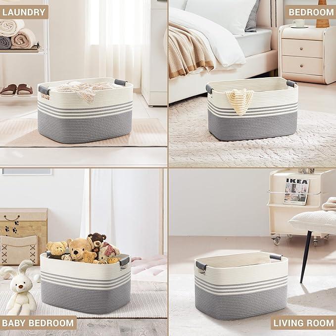 72L Large Laundry Basket with Leather Handles for Living Room Storage, Woven Rope Baskets Bin for Blanket, Kids Toy, Gifts, Wicker Hamper for Bedroom Dirty Clothes, 22"x17"x12" White Grey - ModernBath