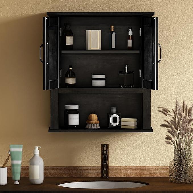 ChooChoo Wood Wall Cabinet with Doors, Medicine Cabinet with Adjustable Shelves Over The Toilet, Hanging Cabinet Wall Mounted for Bathroom, Kitchen, Living Room, Black - ModernBath