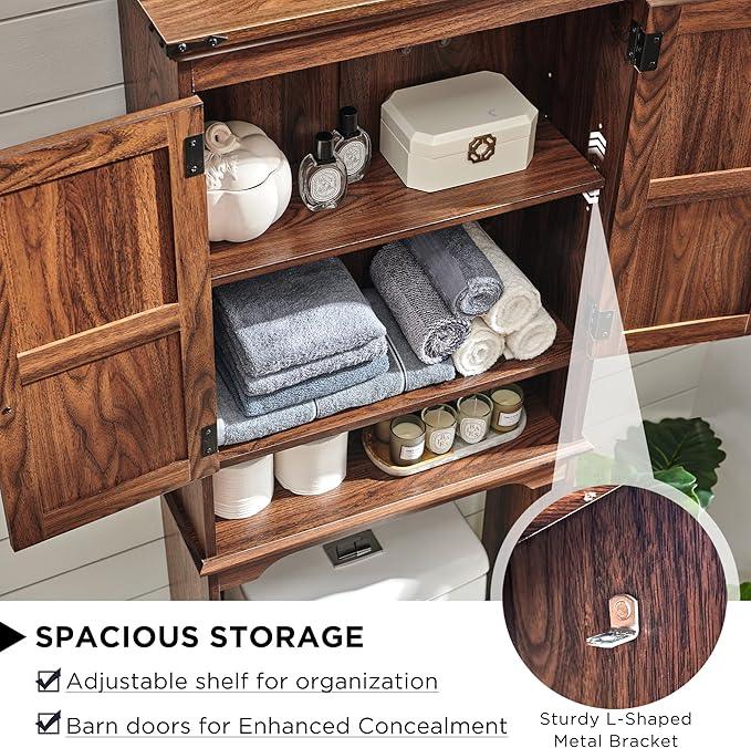 ACCOHOHO Over The Toilet Storage Cabinet, Farmhouse Bathroom Cabinet with Adjustable Shelf & Barn Door, 67" Tall Over The Toilet Shelf, Brown - ModernBath