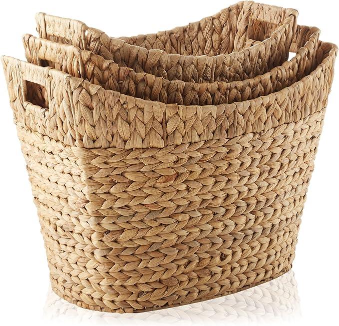Casafield Set of 3 Stackable Oval Laundry Baskets with Handles - Natural, Woven Water Hyacinth Storage Totes for Throw Blankets, Bathroom, Bedroom, Living Room - ModernBath
