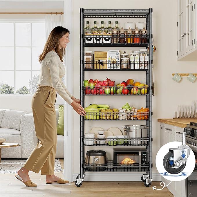7 Tier Wire Shelving with Wheels 72" H Adjustable Basket Shelf Storage Shelves with Hooks for Kitchen Bathroom Pantry Shelves Closet Laundry Room Organization 72" H x 30" W x 14" D, Black - ModernBath