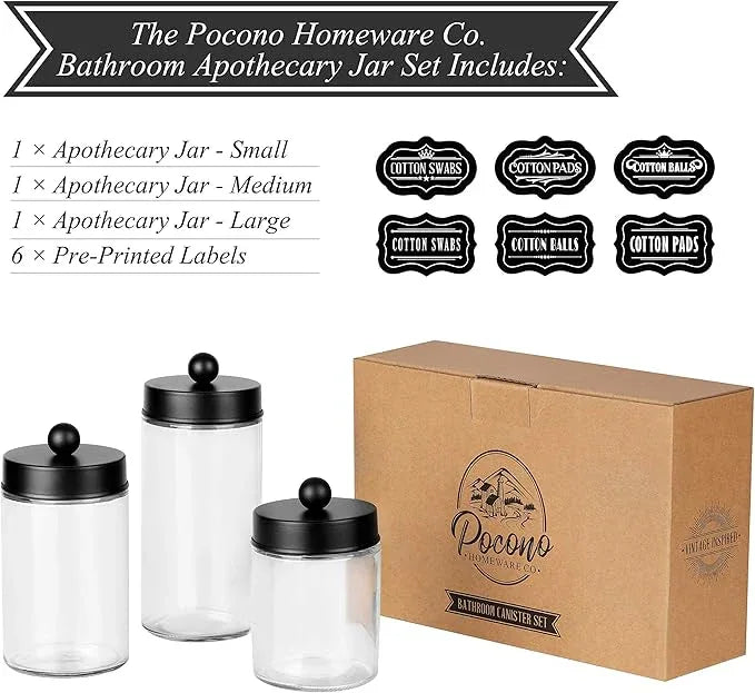 Apothecary Jars 3 Pack - Glass Bathroom Containers with Stainless Steel Lids - Rustic Farmhouse Decor Bathroom Accessories, Vanity Organizer Apothecary Jars for Qtip/Cotton Balls (Matte Black) - ModernBath