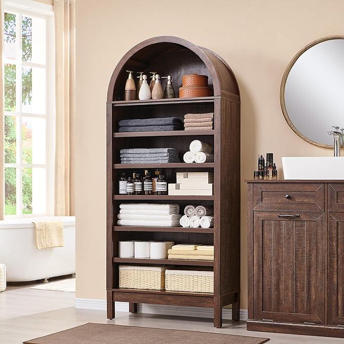 71" Tall Arched Bathroom Storage Cabinet, 7-Tier Modern Farmhouse Storage Cabinet with Adjustable Shelves, Wood Freestanding Cabinet for Bathroom, Living Room, Entryway, Hallway-Brown - ModernBath