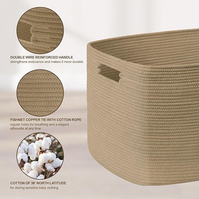 60L Small Wicker Laundry Basket for Living Room Storage,Boho Woven Cotton Rope Baskets for Kids Toy,Gifts,Square Blanket Hamper for Bedroom Dirty Clothes,Jute - ModernBath
