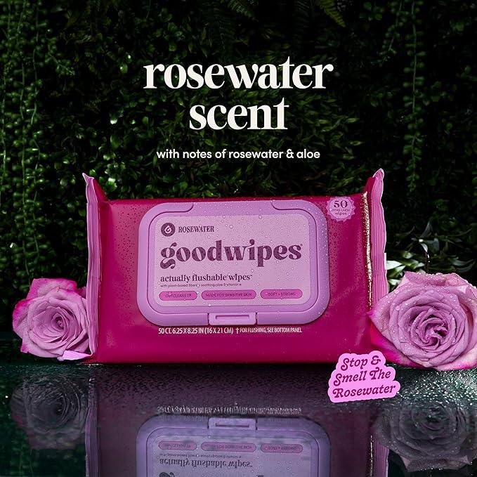 goodwipes Flushable Butt Wipes - Vitamin E & Aloe - Sewer & Septic Safe - Extra Large Adult Wet Wipes For Women & Men - Bathroom Essentials - Rosewater, 153 Count (3 Packs + 3 Individually Wrapped) - ModernBath