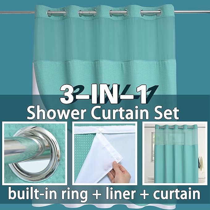 Conbo Mio No Hook Green Waffle Weave Shower Curtain with Snap in Liner Set, Hotel Luxury Shower Curtains for Bathroom with See Through Top Window, Waterproof, Washable 71W x 74H - ModernBath