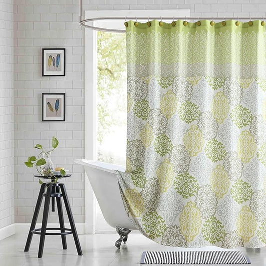 BESTRIPES Fabric Shower Curtain, Green Yellow Grey Boho Medallion Print Shower Curtains for Bathroom, 72" W x 72" H
