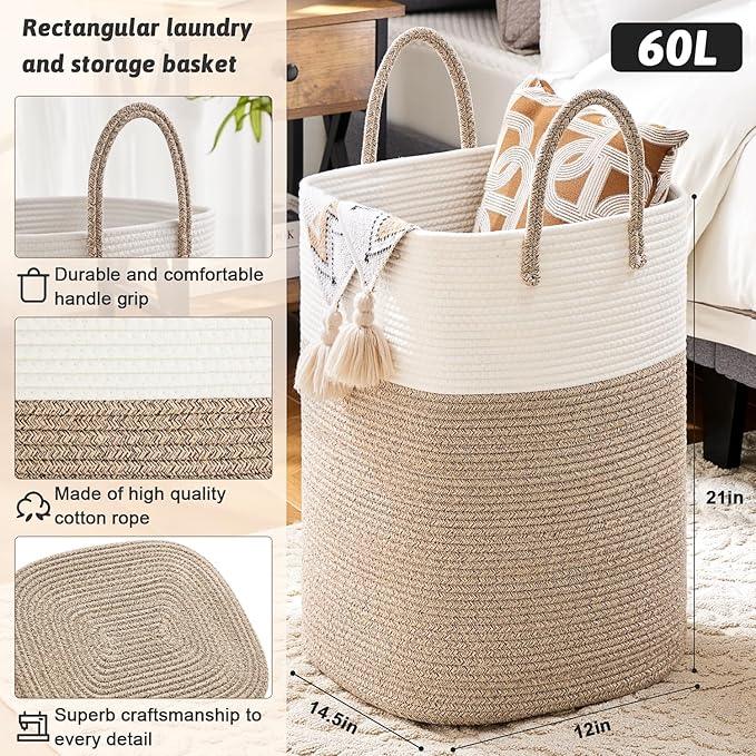 Laundry Basket,Woven Cotton Rope Laundry Hamper,Versatile Storage for Dirty Clothes,Baby Toys,and Blankets in Bathroom, Nursery,and Living Room (Brown, 60L) - ModernBath