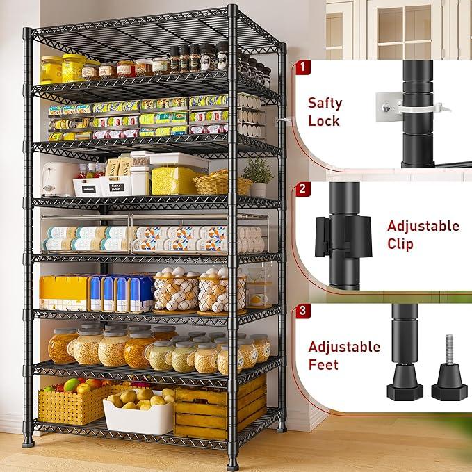 REIBII 8 Tier Metal Shelving 75"H Storage Shelves Tall Wire Shelving Unit Adjustable Detachable Storage Shelves for Laundry Pantry Kitchen Commercial school 1040LBS Storage Rack 75"H X 35"W X 14"D - ModernBath