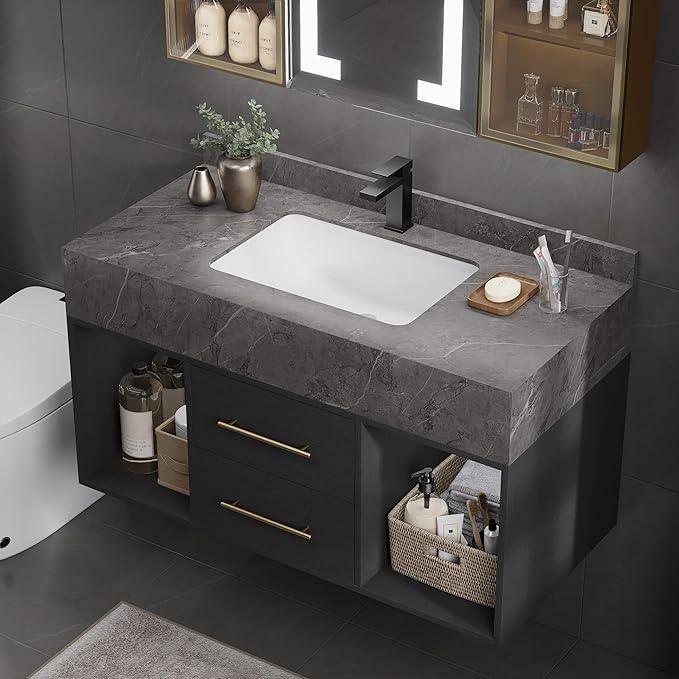 homary 35.4" Bathroom Vanity Set, Modern Wall-Mounted Vanity Bathroom Floating Medicine Cabinet with Sintered Stone Countertop, Undermount Sink & Black, 2 Open Storage Shelves - ModernBath