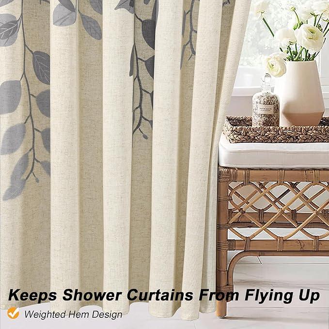 BOODII Linen Shower Curtain for Bathroom Gray/Grey Eucalyptus Leaves Shower Curtain Set with Hooks Watercolor Floral Plant Leaf for Bath Natural Waterproof Fabric Bathroom Decor, 72x72 - ModernBath
