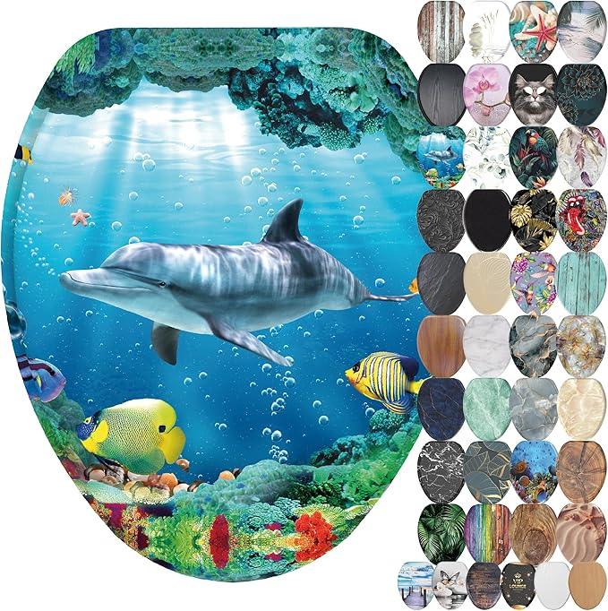 SANILO Wooden Toilet Seat with Soft Close [ELONGATED] - Decorative, Quiet & Slow Close Molded Wood Seat - With Strong Bumpers & Hinges - Adjustable Fit - Dolphin - ModernBath