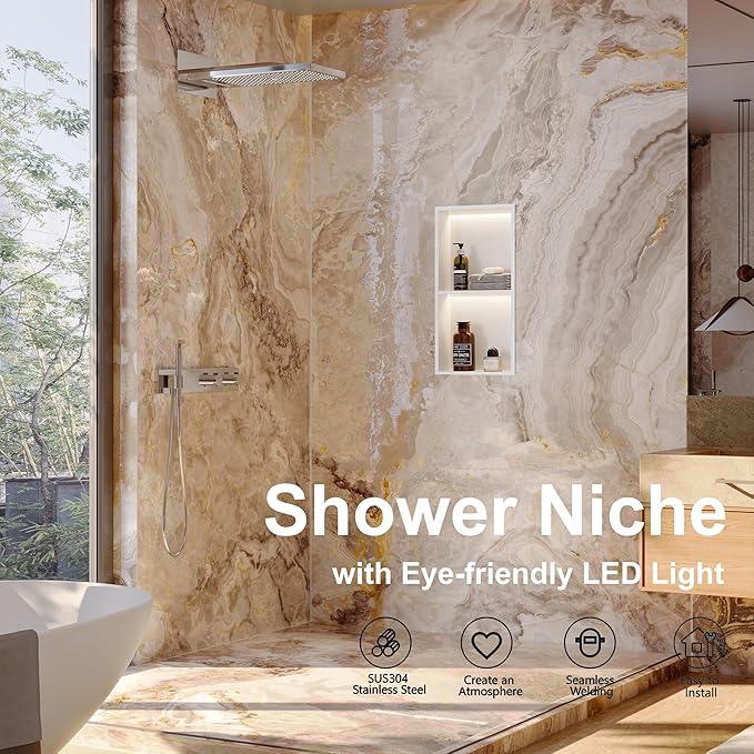 Stainless Steel Shower Niche 12" X 24", No Tile Needed Wall Niche with 3 Selectable Color Temperatures Led Light, Recessed Shower Shelf for Bathroom Storage Over Mount Installation, Matte White - ModernBath