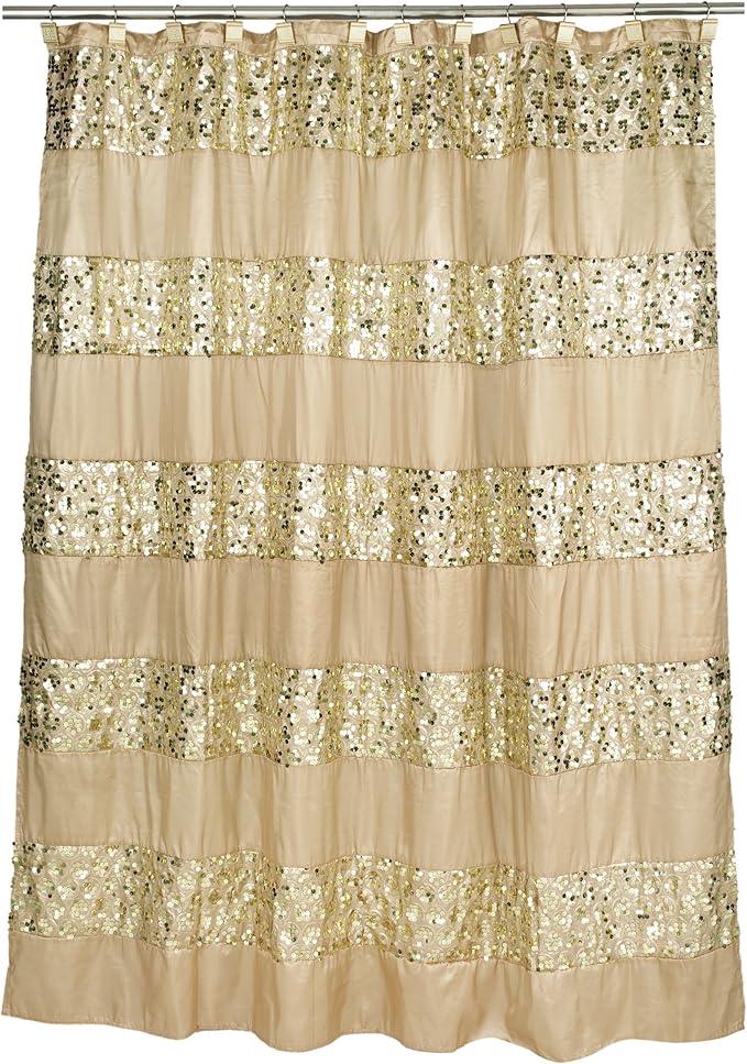 Zahari Home 13pc Sinatra Bathroom Shower Curtain Set - Gold Curtain & 12 Champagne Hooks - Luxury Fabric Bling Unique Beautiful Set - ModernBath