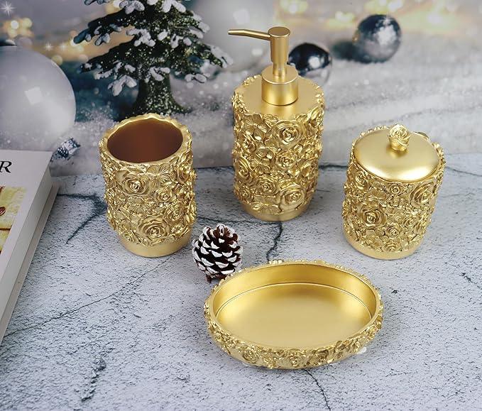 Hymmah Gold Bathroom Accessories Set,Rose Design Bathroom Set,Farmhouse Bathroom Decor,4 Pcs Resin Gift Set Apartment Necessities, Contain Cotton Swab Jar,Soap Dispenser,Soap Dish,Tumbler White - ModernBath