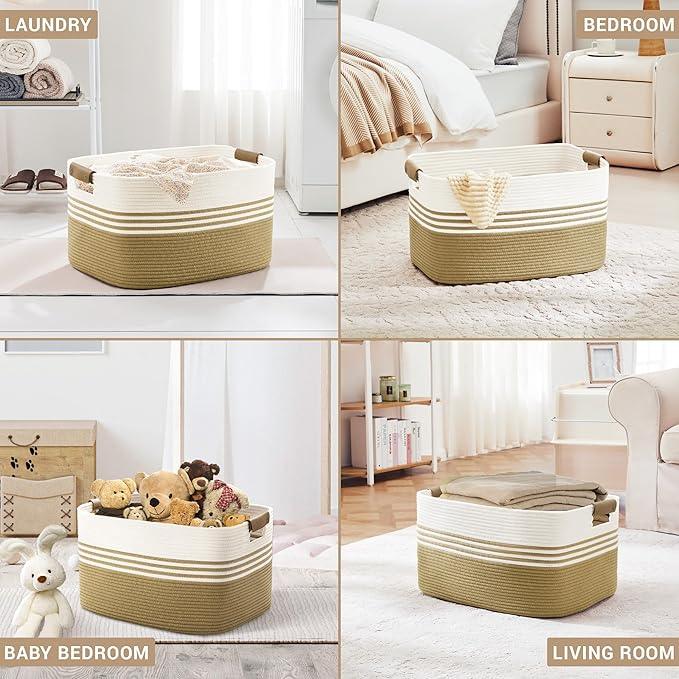 72L Large Laundry Basket with Leather Handles for Living Room Storage, Woven Rope Baskets Bin for Blanket, Kids Toy, Gifts, Wicker Hamper for Bedroom Dirty Clothes, 22"x17"x12" Khaki - ModernBath