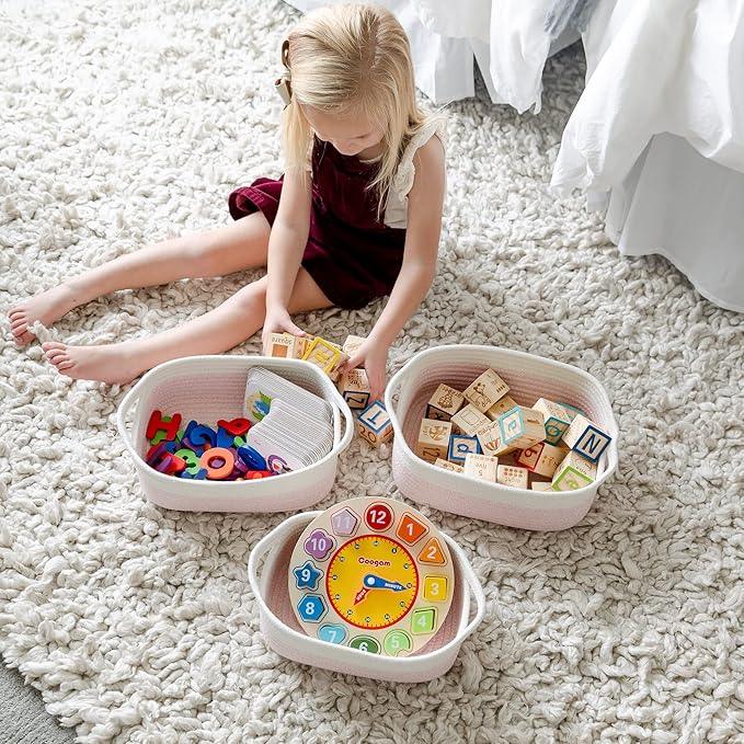 NaturalCozy 5-Piece Rectangle Storage Basket Set- Natural Cotton Rope Woven Baskets for Organizing! Small Basket for Montessori, Baby Nursery, Dog Toy Baskets, Cat Toy Box, Bathroom Organization Bin - ModernBath