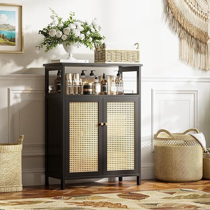HITNET Bamboo Floor Cabinet, Bathroom Storage Cabinet with 2 Rattan Doors and Shelves, Space Saving Freestanding Kitchen Cupboard, Black - ModernBath